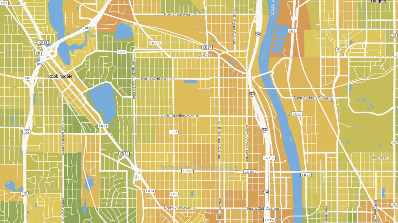 Map of the best neighborhoods in the 55412 area, with better matches in green and worse matches in red