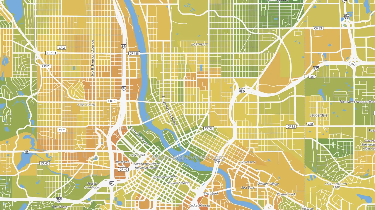 Map of the best neighborhoods in the 55413 area, with better matches in green and worse matches in red