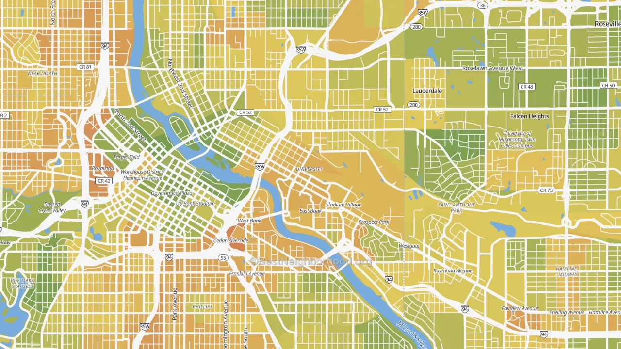 Map of the best neighborhoods in the 55414 area, with better matches in green and worse matches in red