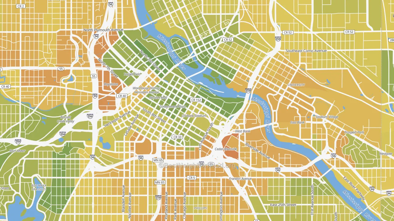 Map of the best neighborhoods in the 55415 area, with better matches in green and worse matches in red
