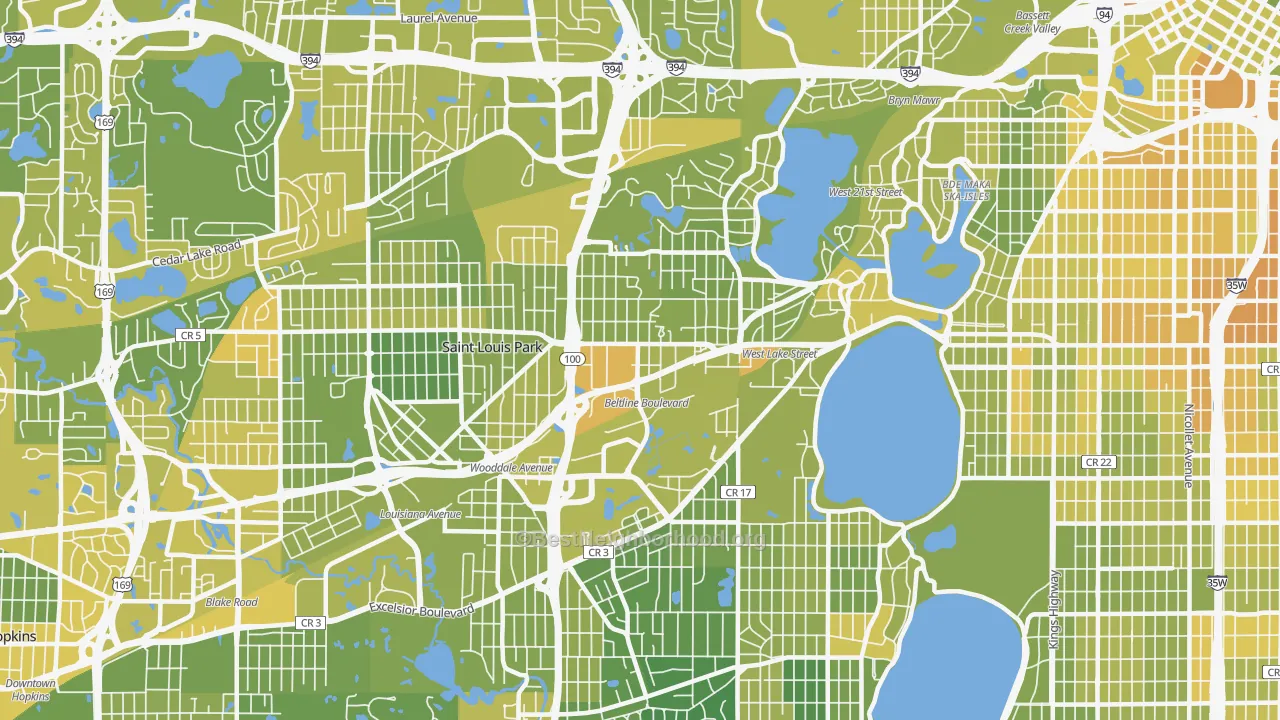 Map of the best neighborhoods in the 55416 area, with better matches in green and worse matches in red
