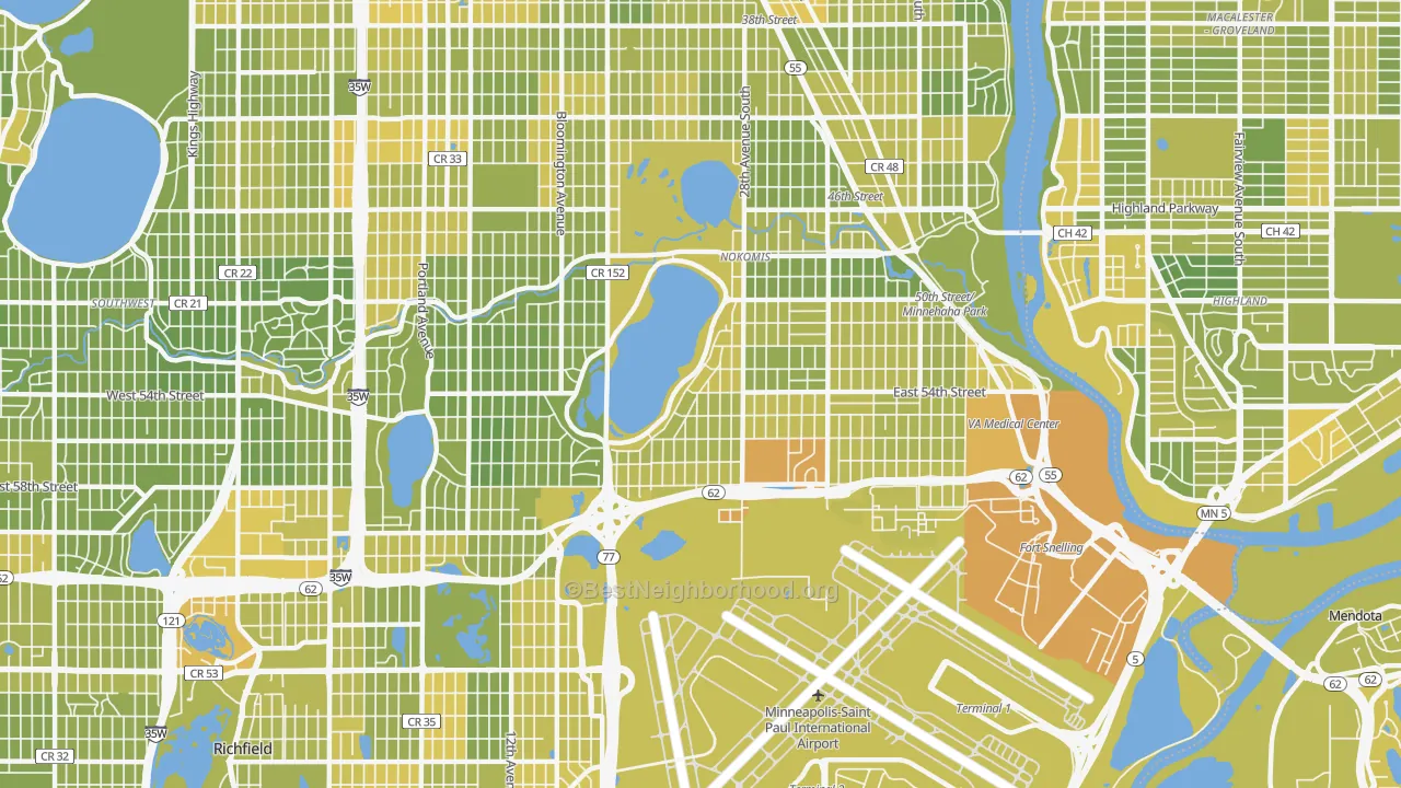 Map of the best neighborhoods in the 55417 area, with better matches in green and worse matches in red