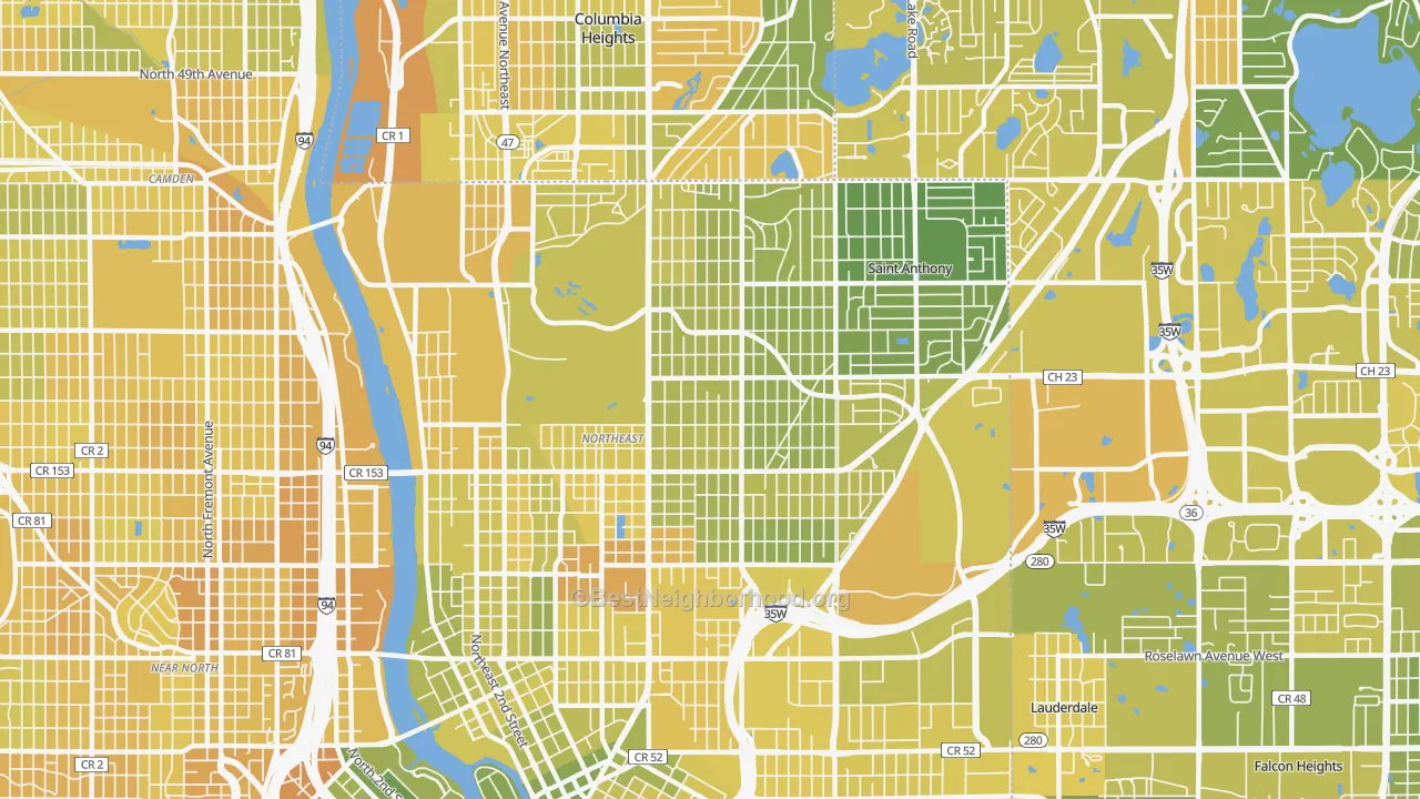 Map of the best neighborhoods in the 55418 area, with better matches in green and worse matches in red