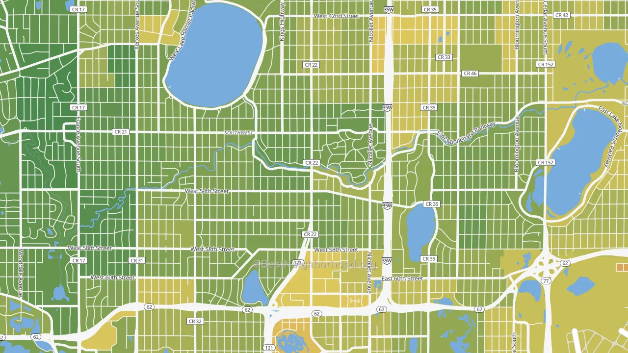 Map of the best neighborhoods in the 55419 area, with better matches in green and worse matches in red