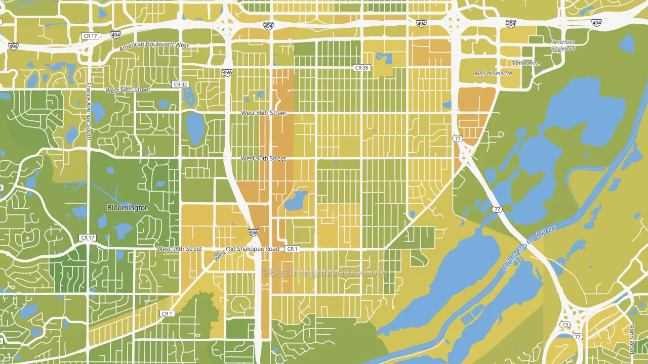 Map of the best neighborhoods in the 55420 area, with better matches in green and worse matches in red