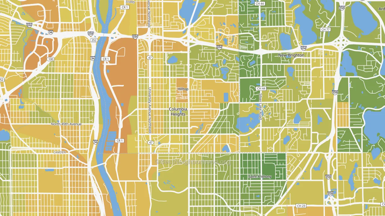 Map of the best neighborhoods in the 55421 area, with better matches in green and worse matches in red