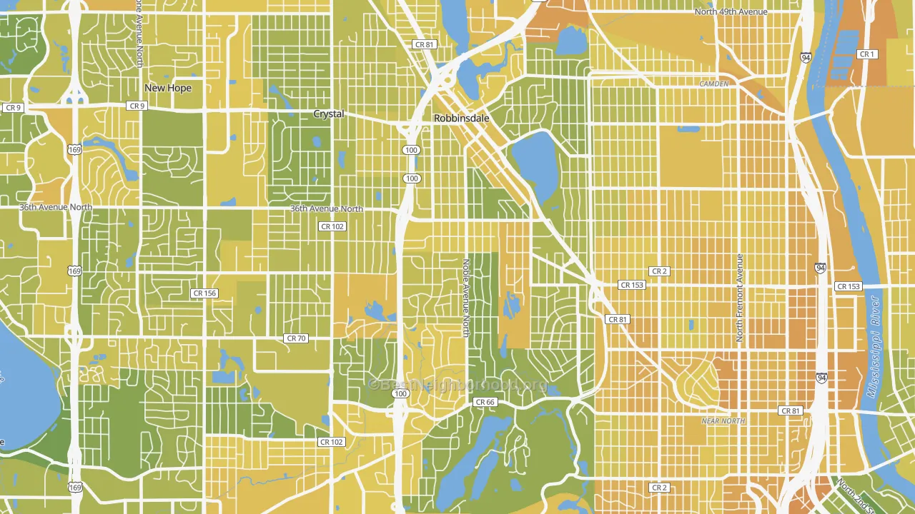 Map of the best neighborhoods in the 55422 area, with better matches in green and worse matches in red