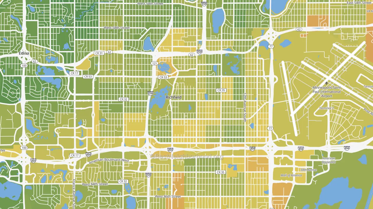 Map of the best neighborhoods in the 55423 area, with better matches in green and worse matches in red