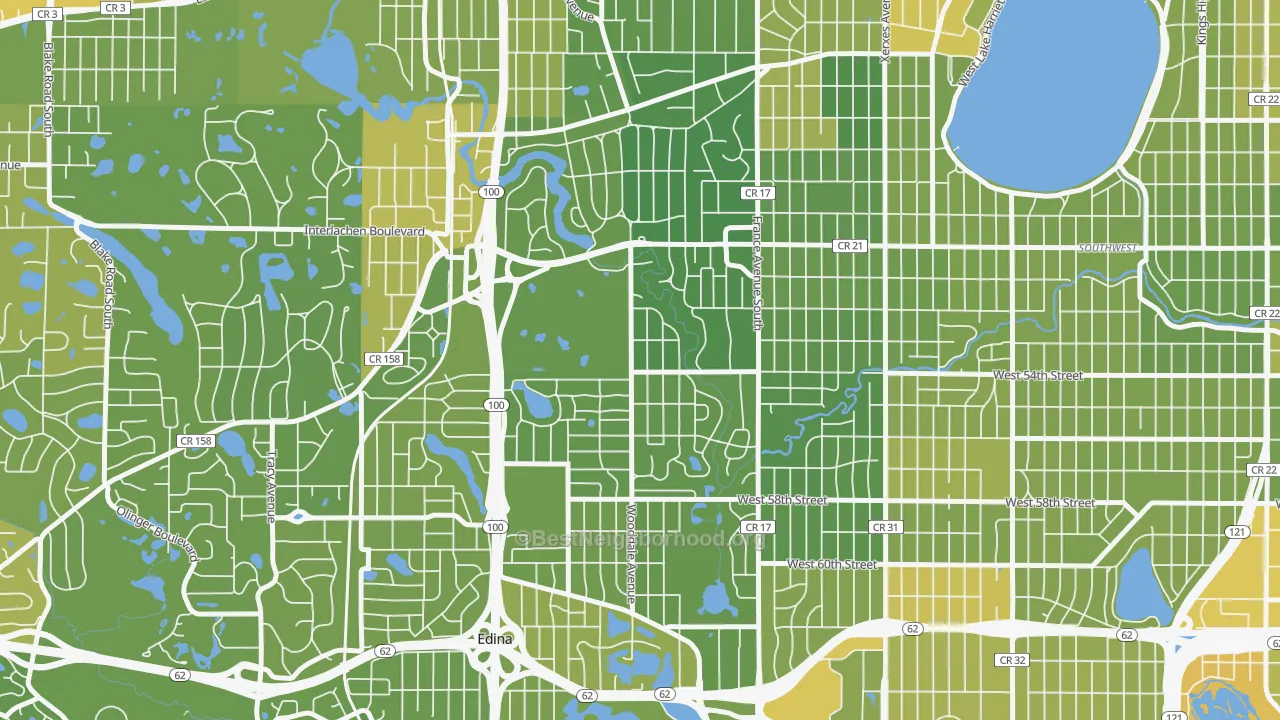 Map of the best neighborhoods in the 55424 area, with better matches in green and worse matches in red