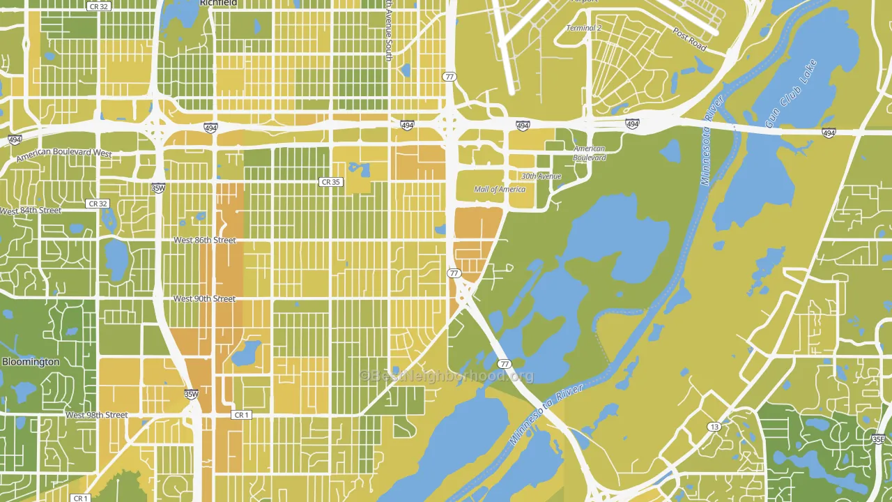 Map of the best neighborhoods in the 55425 area, with better matches in green and worse matches in red