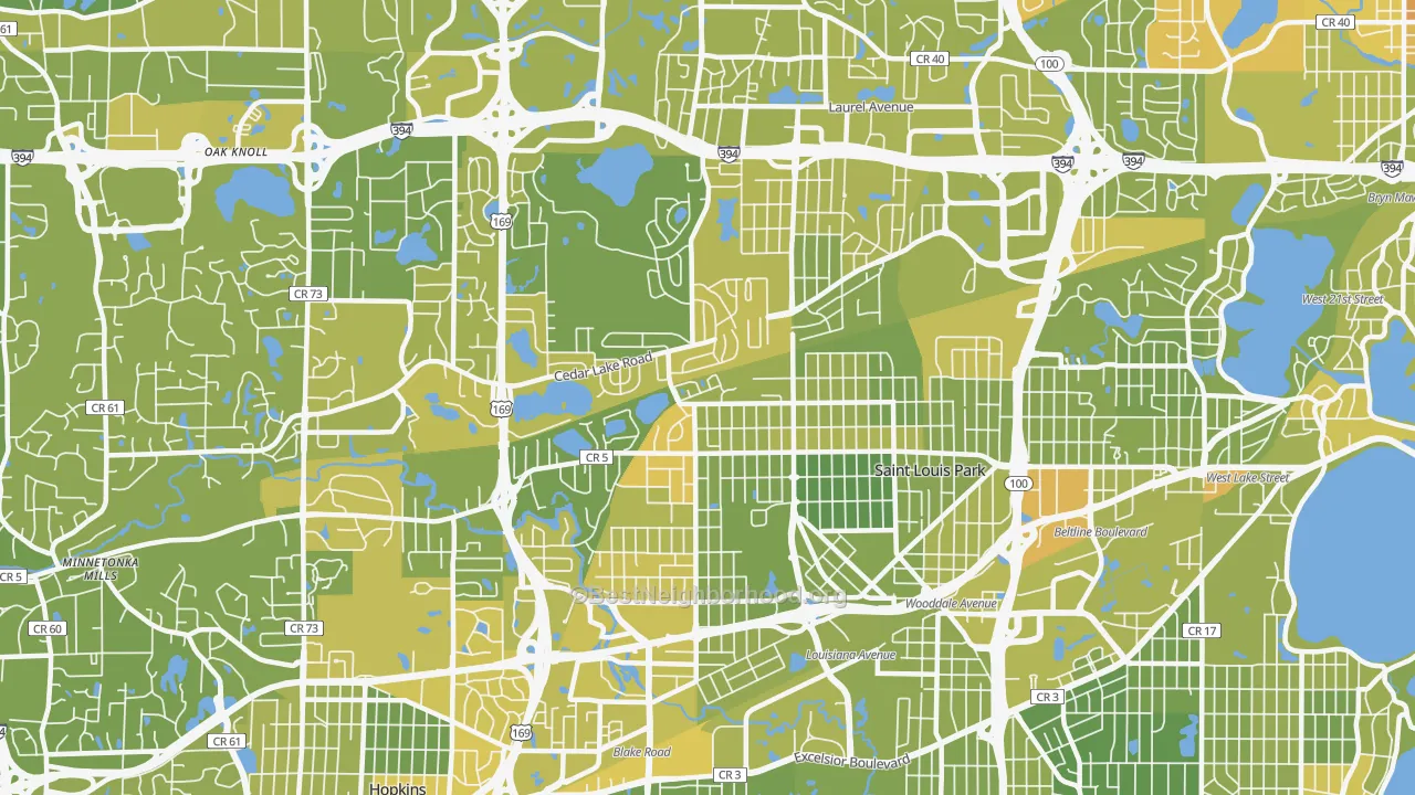 Map of the best neighborhoods in the 55426 area, with better matches in green and worse matches in red