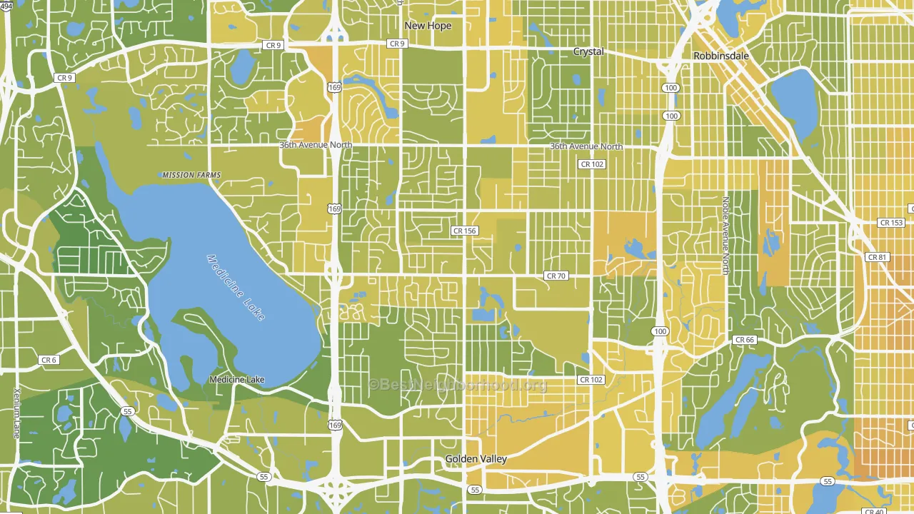 Map of the best neighborhoods in the 55427 area, with better matches in green and worse matches in red