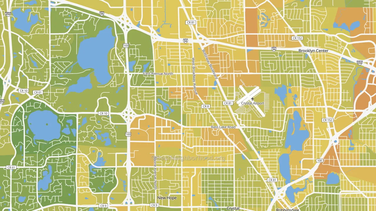 Map of the best neighborhoods in the 55428 area, with better matches in green and worse matches in red