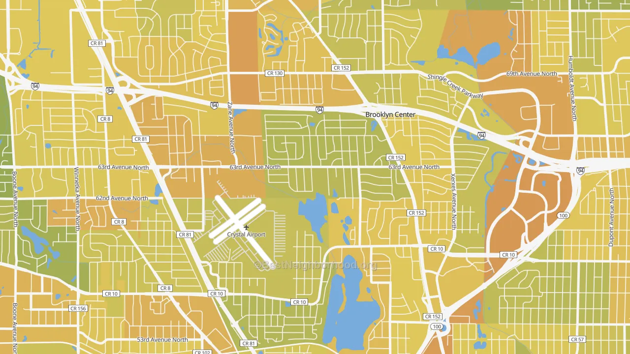 Map of the best neighborhoods in the 55429 area, with better matches in green and worse matches in red