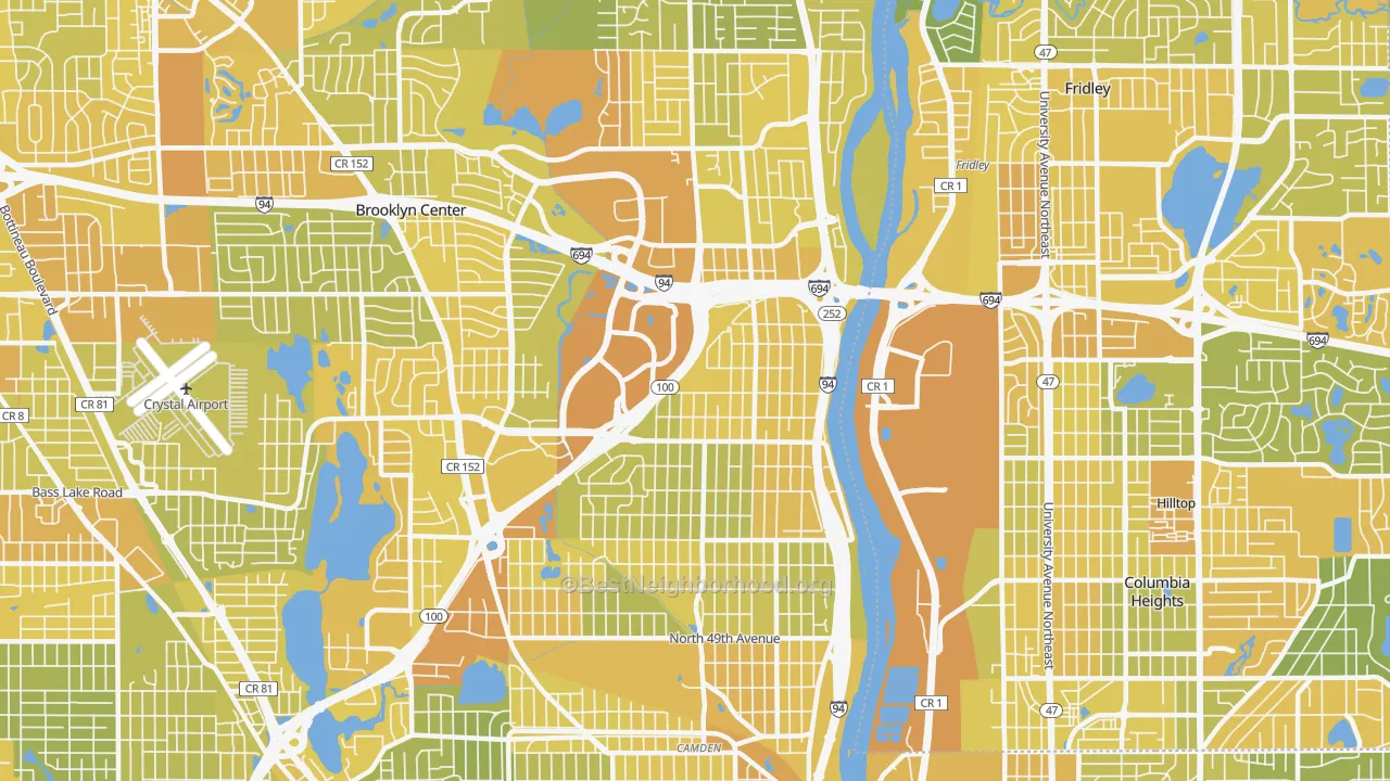Map of the best neighborhoods in the 55430 area, with better matches in green and worse matches in red