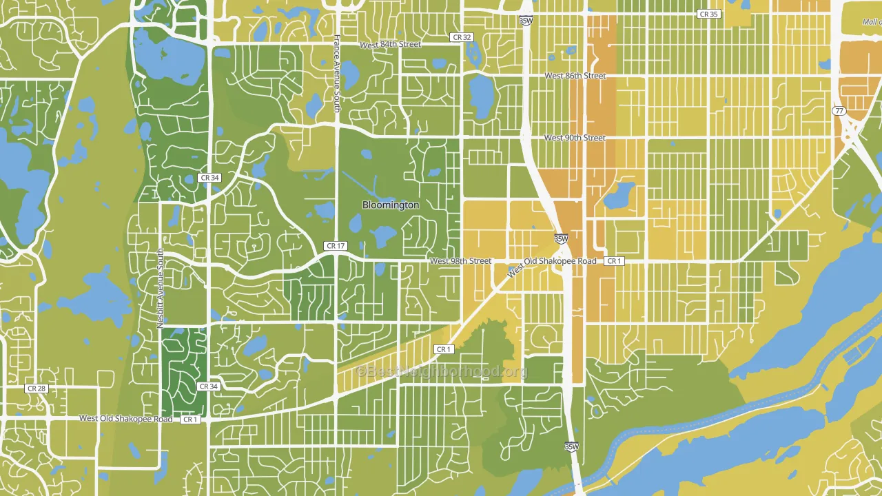 Map of the best neighborhoods in the 55431 area, with better matches in green and worse matches in red