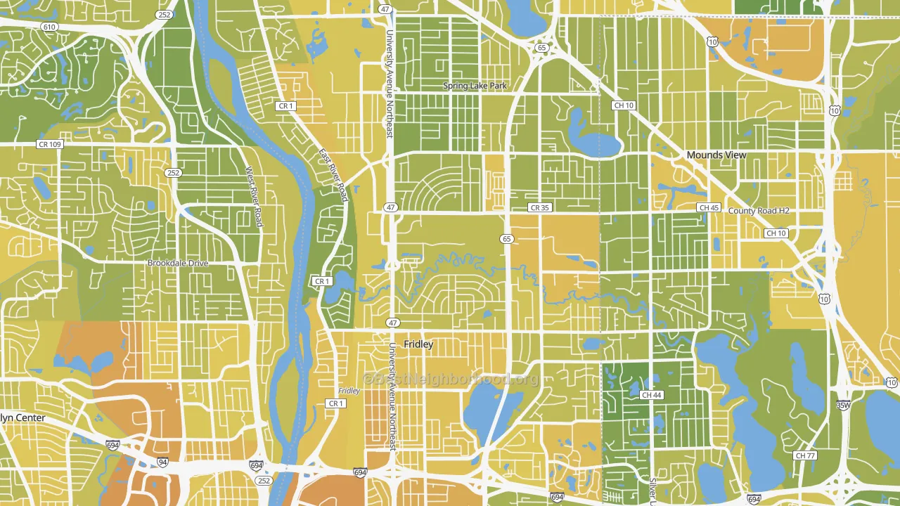 Map of the best neighborhoods in the 55432 area, with better matches in green and worse matches in red