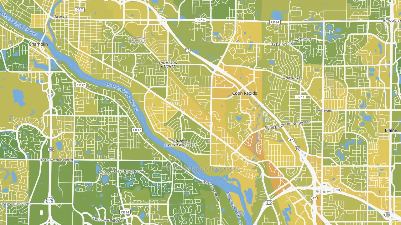 Map of the best neighborhoods in the 55433 area, with better matches in green and worse matches in red