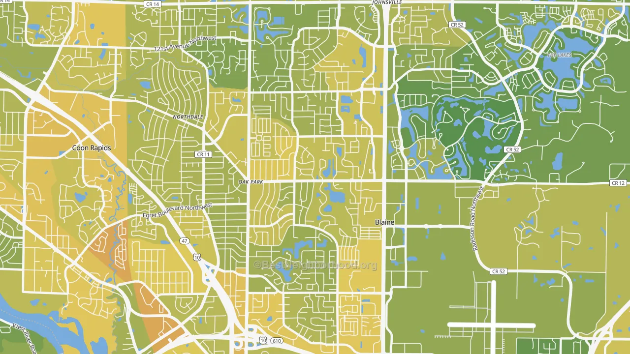 Map of the best neighborhoods in the 55434 area, with better matches in green and worse matches in red