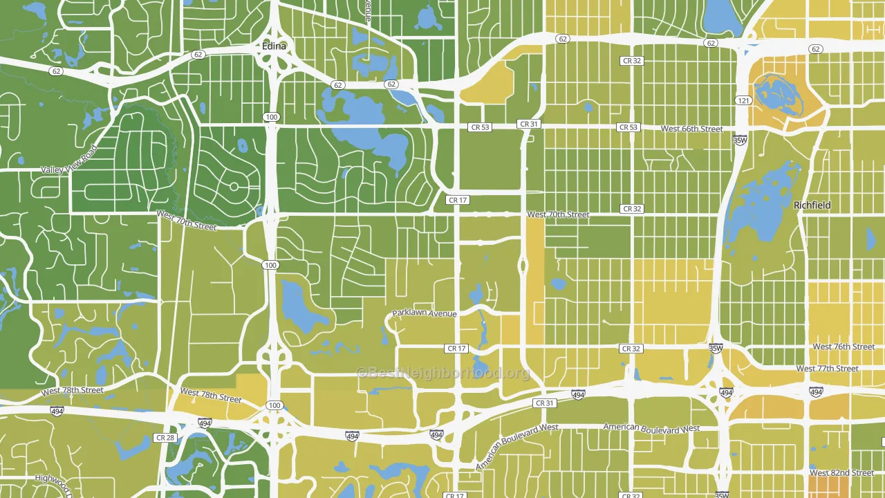 Map of the best neighborhoods in the 55435 area, with better matches in green and worse matches in red
