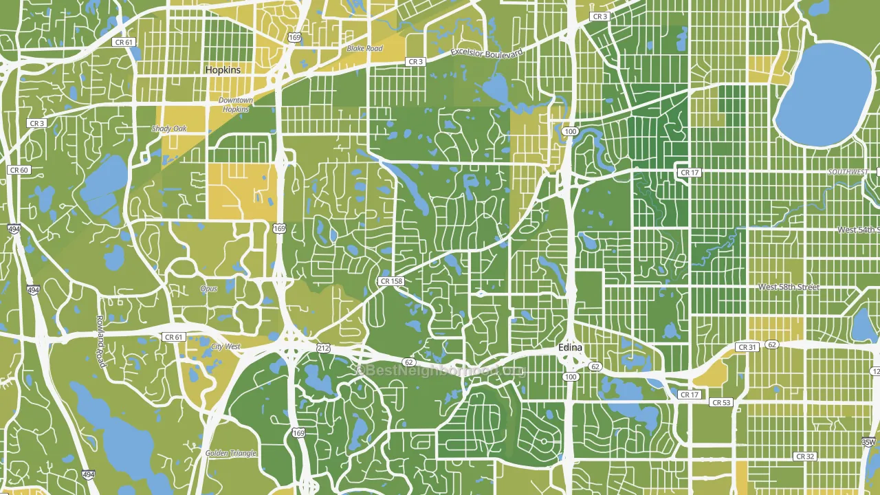 Map of the best neighborhoods in the 55436 area, with better matches in green and worse matches in red