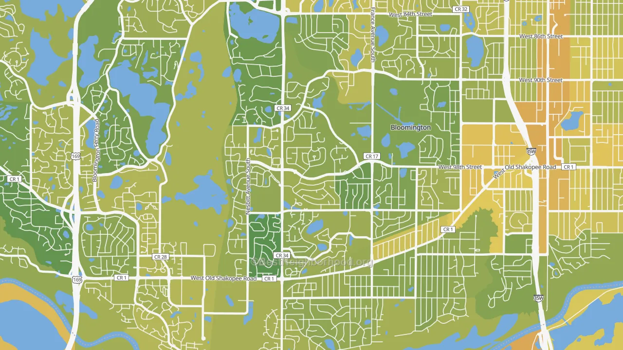 Map of the best neighborhoods in the 55437 area, with better matches in green and worse matches in red