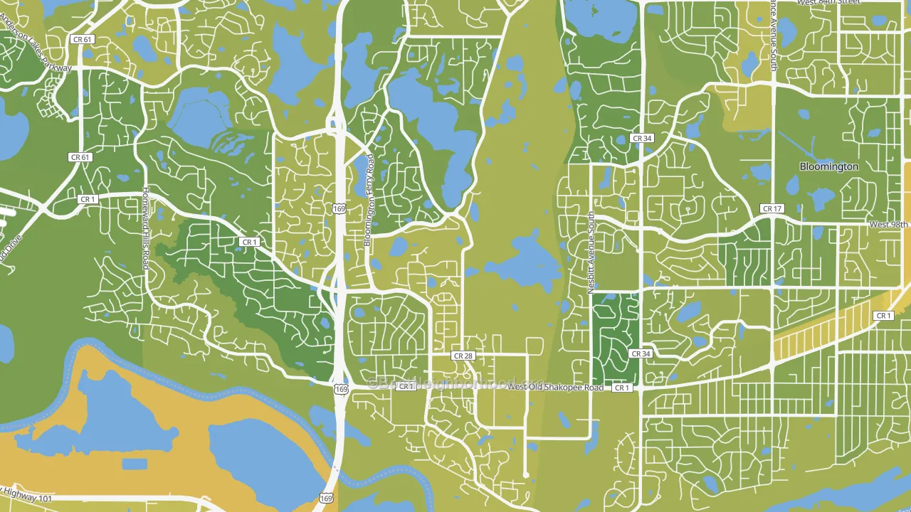 Map of the best neighborhoods in the 55438 area, with better matches in green and worse matches in red