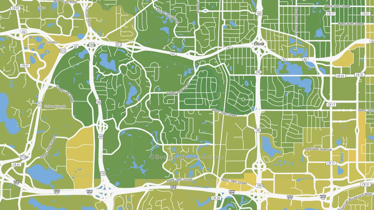 Map of the best neighborhoods in the 55439 area, with better matches in green and worse matches in red