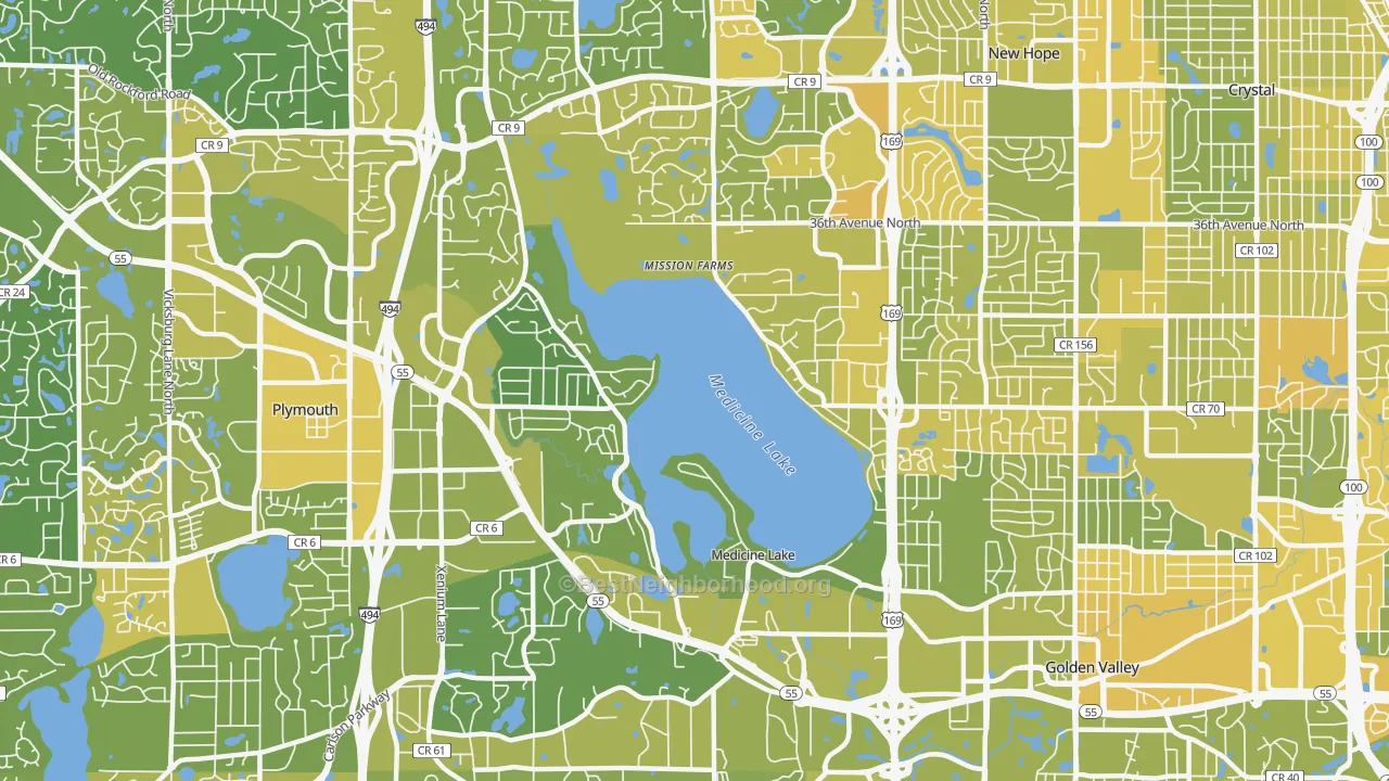 Map of the best neighborhoods in the 55441 area, with better matches in green and worse matches in red