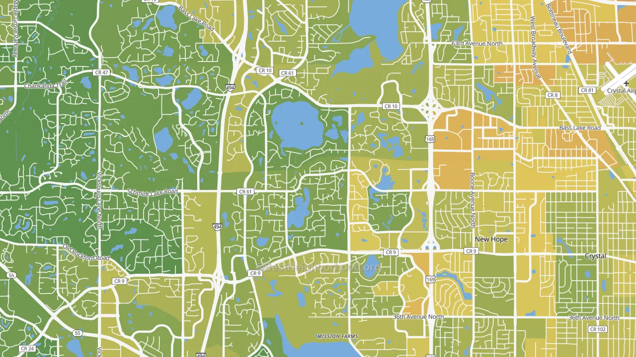 Map of the best neighborhoods in the 55442 area, with better matches in green and worse matches in red