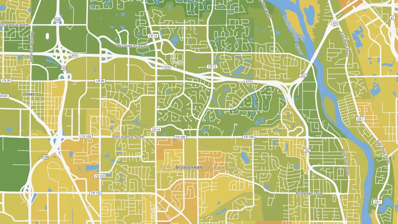 Map of the best neighborhoods in the 55443 area, with better matches in green and worse matches in red