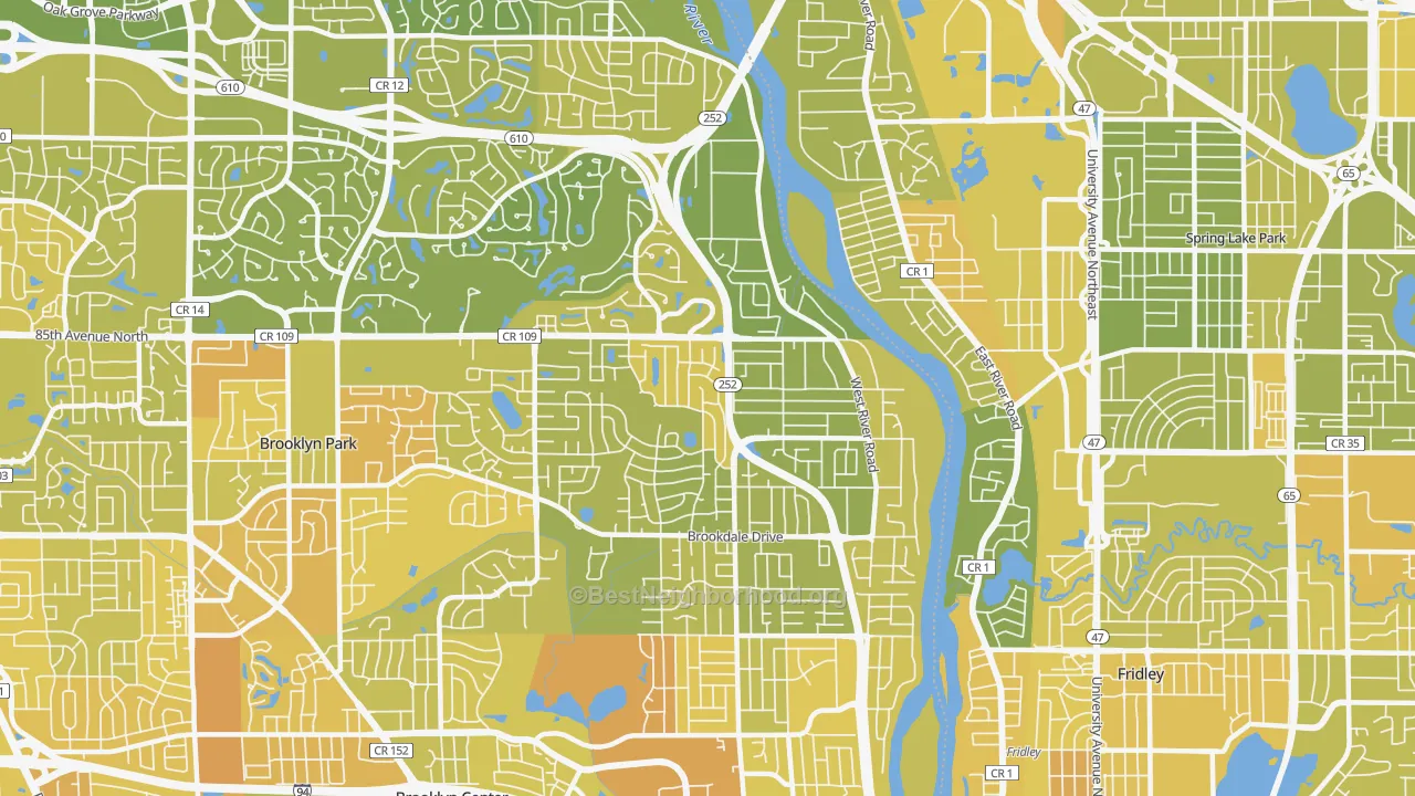 Map of the best neighborhoods in the 55444 area, with better matches in green and worse matches in red