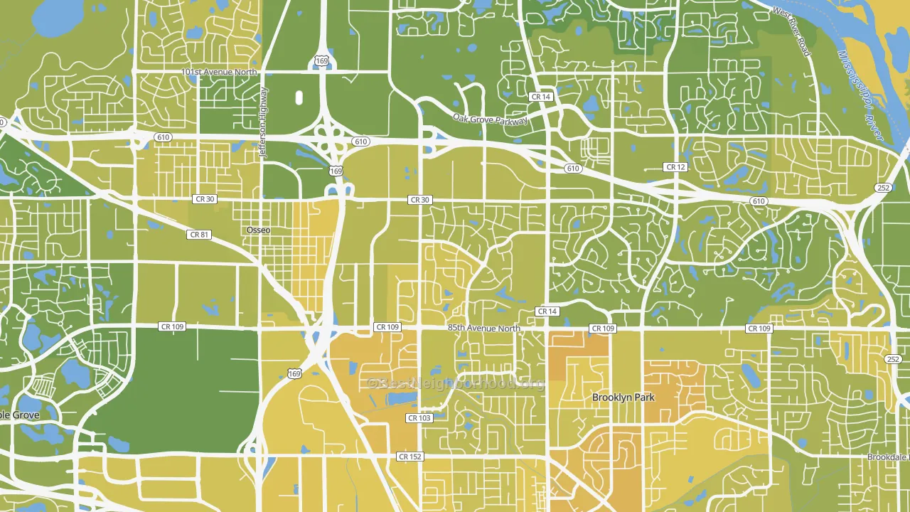Map of the best neighborhoods in the 55445 area, with better matches in green and worse matches in red