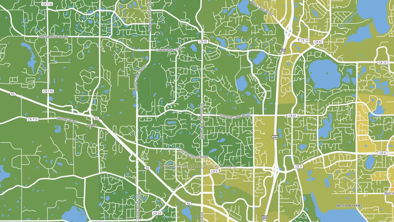 Map of the best neighborhoods in the 55446 area, with better matches in green and worse matches in red