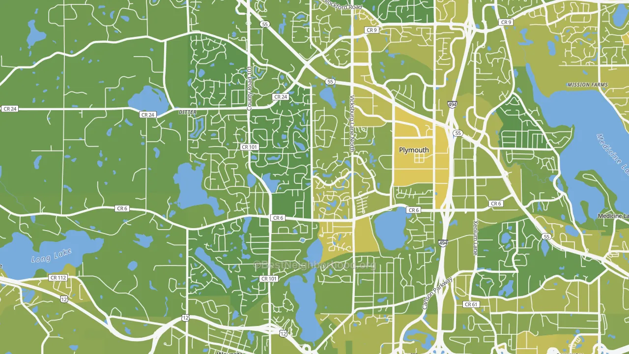 Map of the best neighborhoods in the 55447 area, with better matches in green and worse matches in red