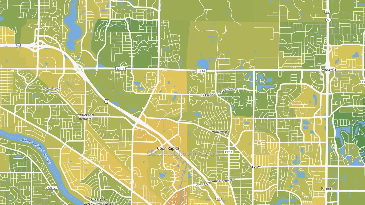 Map of the best neighborhoods in the 55448 area, with better matches in green and worse matches in red