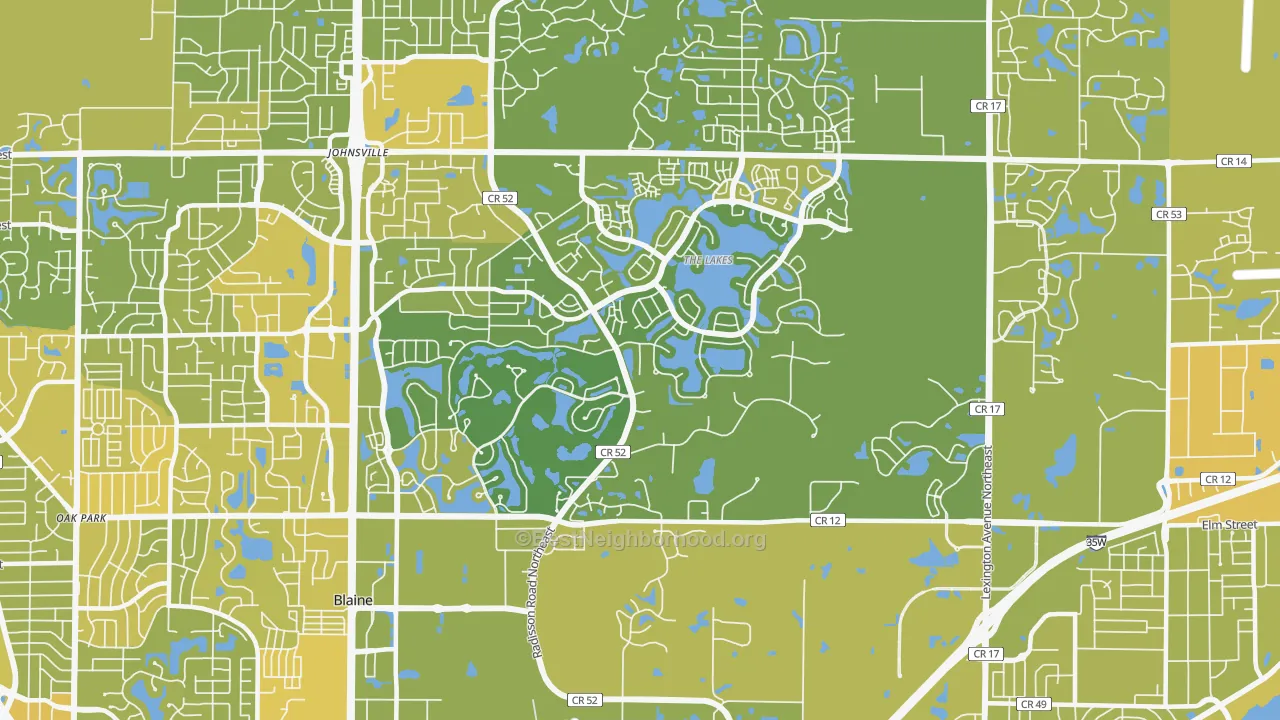 Map of the best neighborhoods in the 55449 area, with better matches in green and worse matches in red