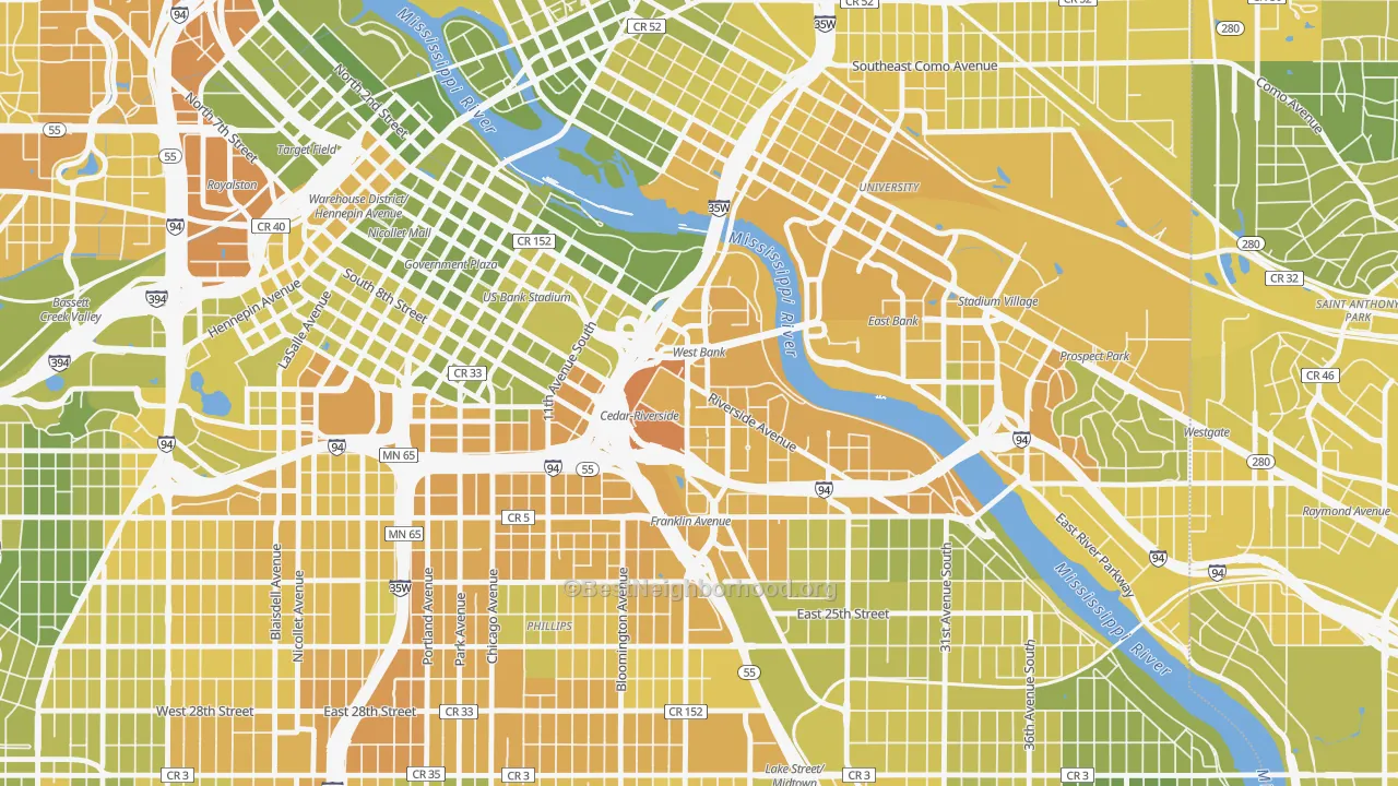 Map of the best neighborhoods in the 55454 area, with better matches in green and worse matches in red
