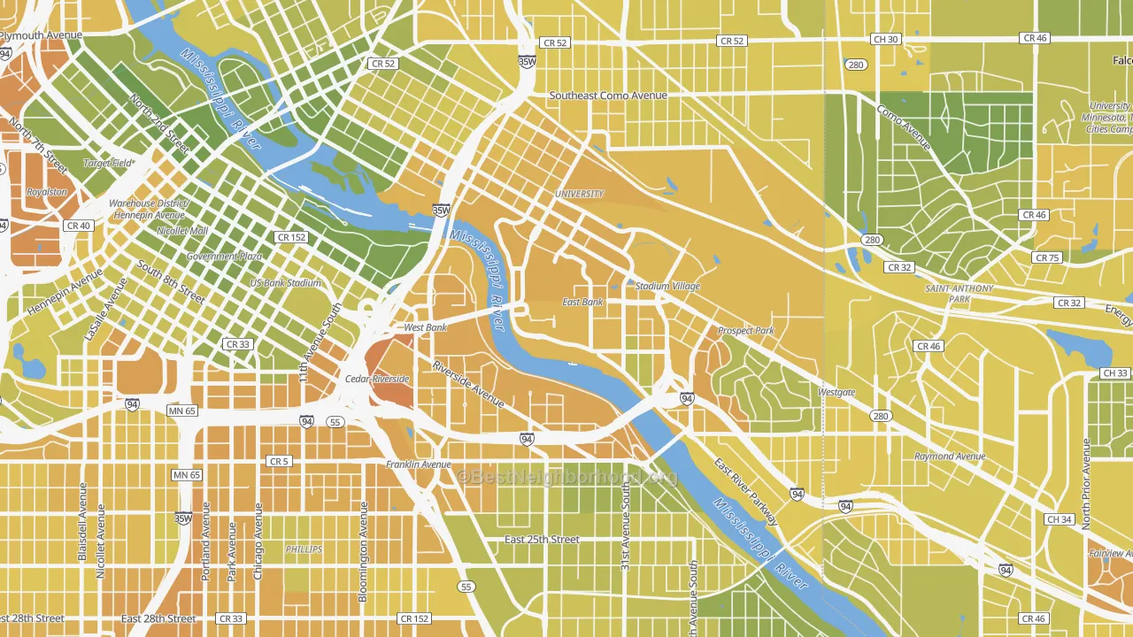 Map of the best neighborhoods in the 55455 area, with better matches in green and worse matches in red