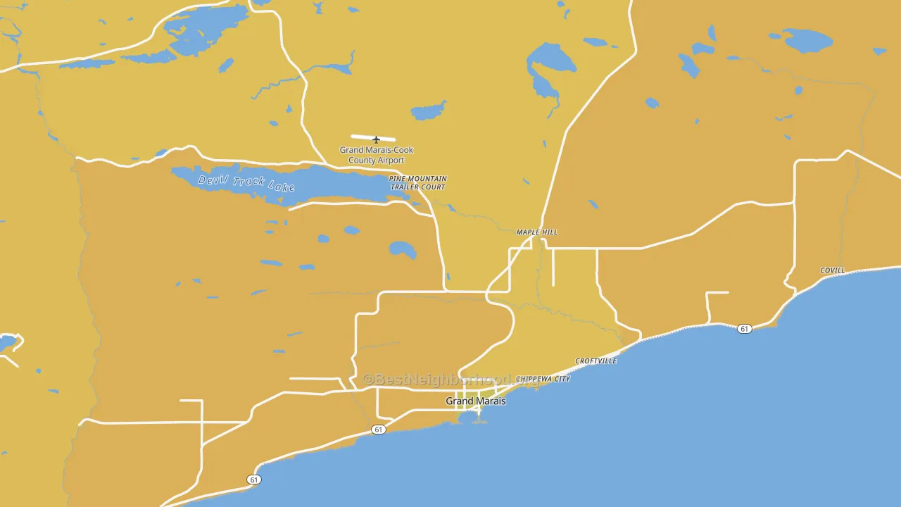 Map of the best neighborhoods in the 55604 area, with better matches in green and worse matches in red
