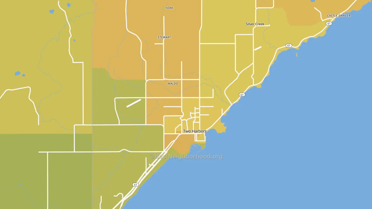 Map of the best neighborhoods in the 55616 area, with better matches in green and worse matches in red