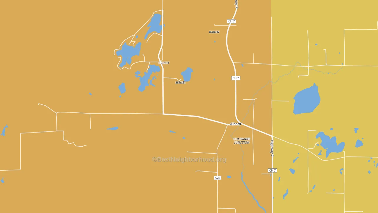 Map of the best neighborhoods in the 55702 area, with better matches in green and worse matches in red