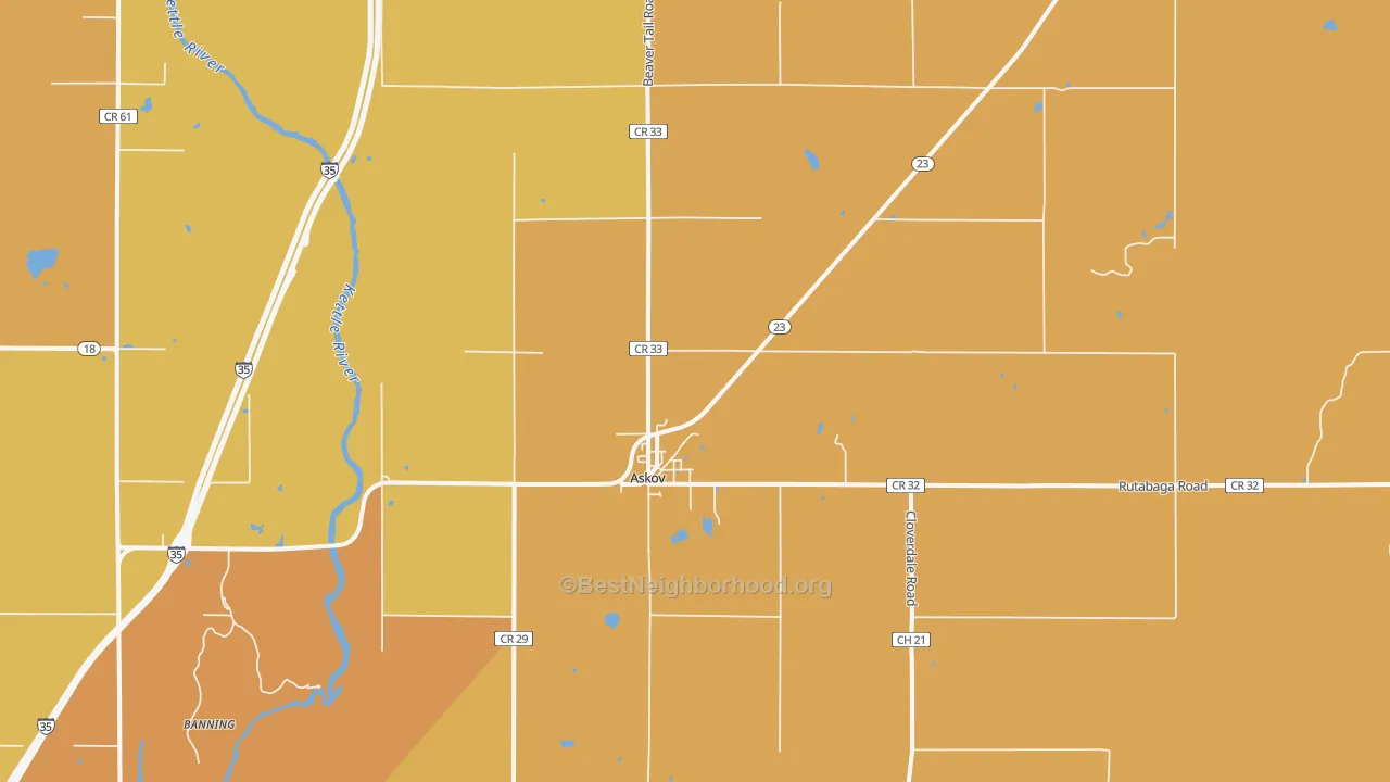 Map of the best neighborhoods in the 55704 area, with better matches in green and worse matches in red