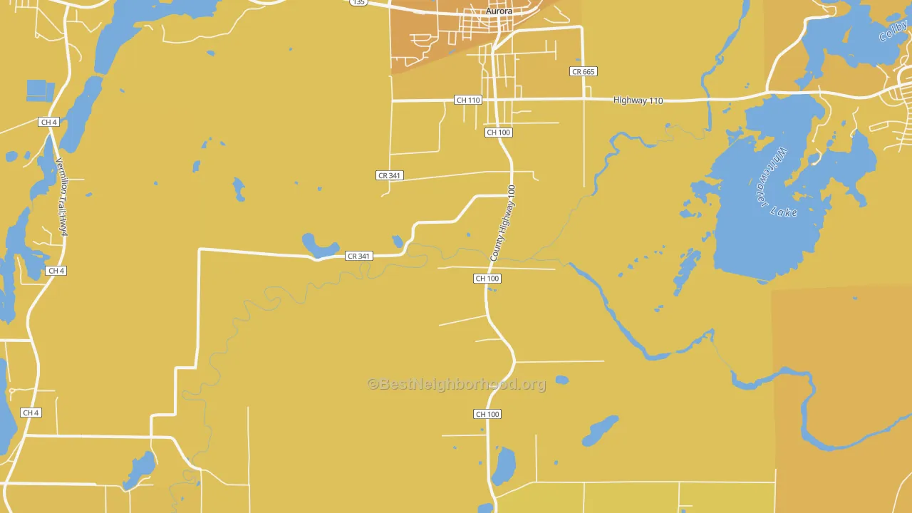 Map of the best neighborhoods in the 55705 area, with better matches in green and worse matches in red