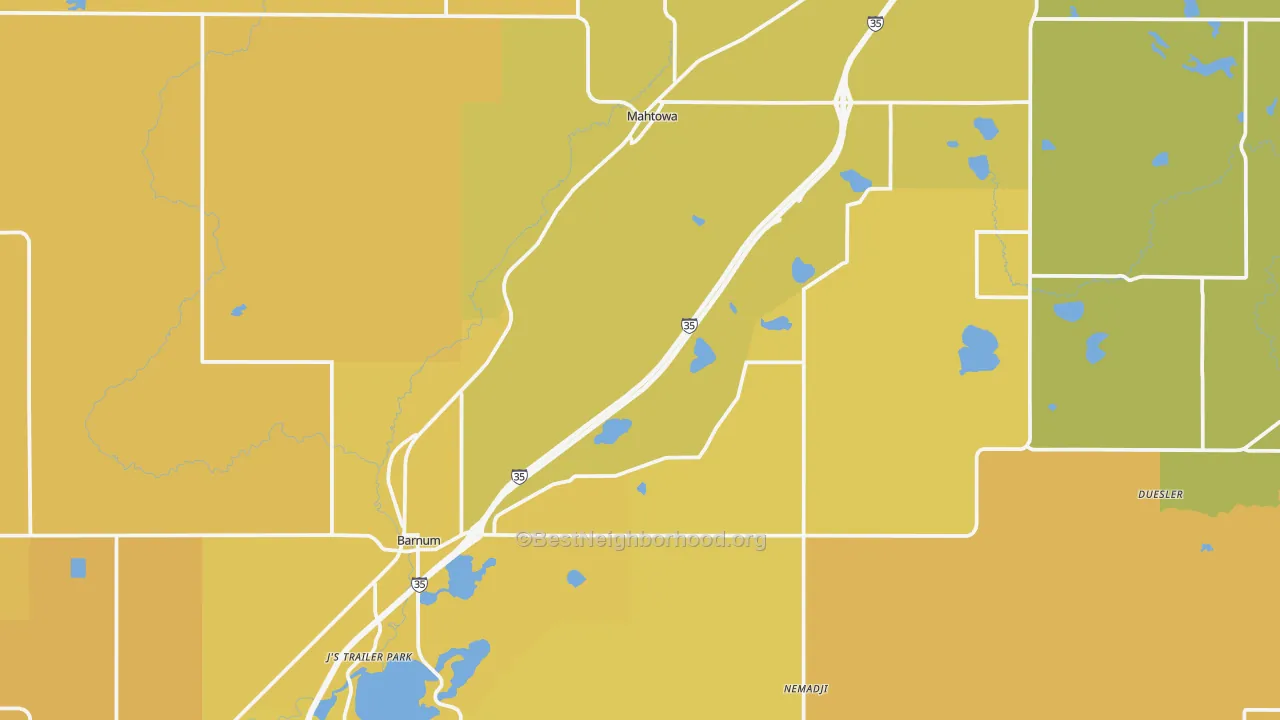 Map of the best neighborhoods in the 55707 area, with better matches in green and worse matches in red
