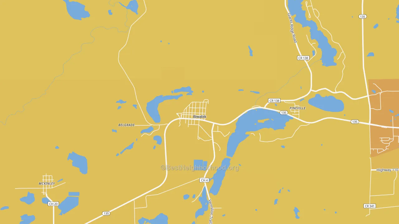 Map of the best neighborhoods in the 55708 area, with better matches in green and worse matches in red