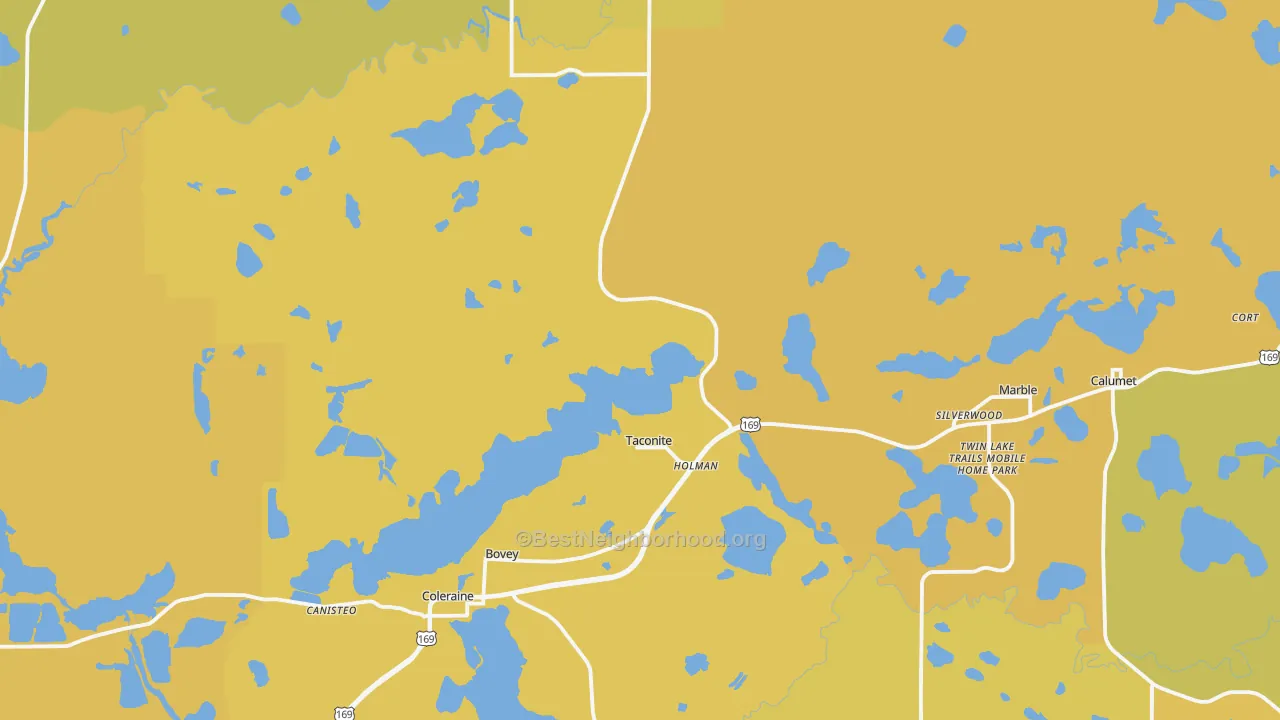 Map of the best neighborhoods in the 55709 area, with better matches in green and worse matches in red