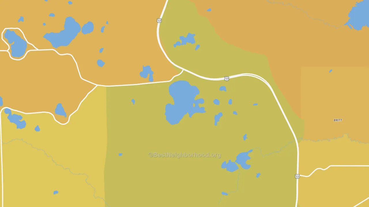 Map of the best neighborhoods in the 55710 area, with better matches in green and worse matches in red