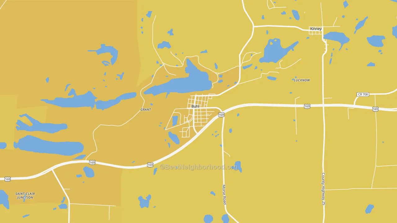 Map of the best neighborhoods in the 55713 area, with better matches in green and worse matches in red