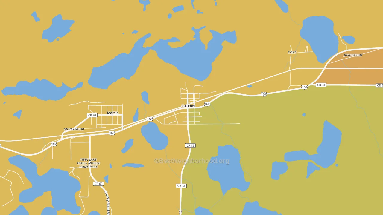 Map of the best neighborhoods in the 55716 area, with better matches in green and worse matches in red